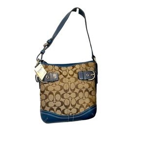COACH Blue Leather Canvas Signature Logo C Buckle Accent Bag Crossbody Purse